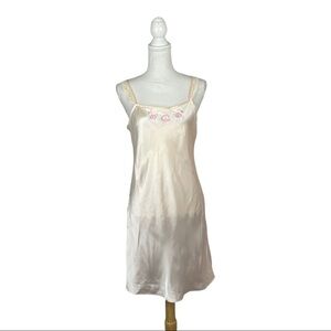 Vintage 80 Pink K-Mart Pale Pink Satin Chemise Slip Mid Thigh Floral Embroidered